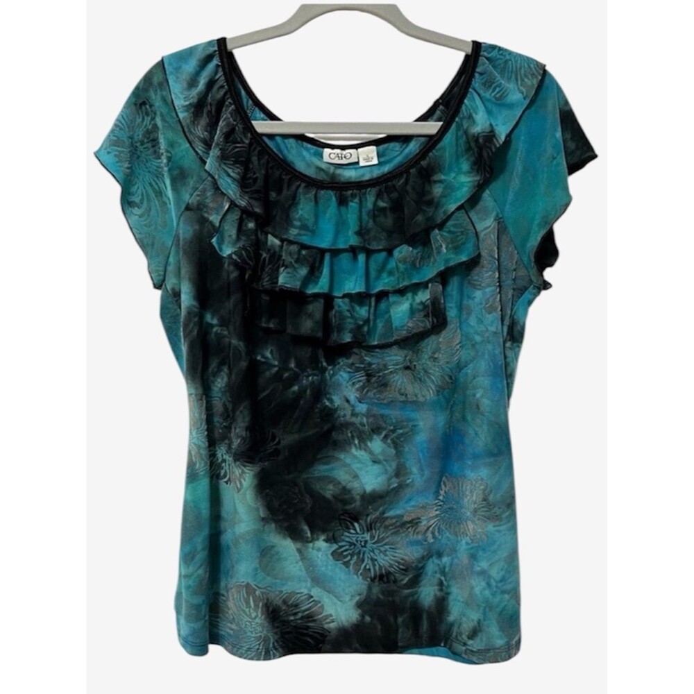 Vintage Cato Mesh Velvet Burnout Ruffle Top Large Turquoise Black Whimsigoth